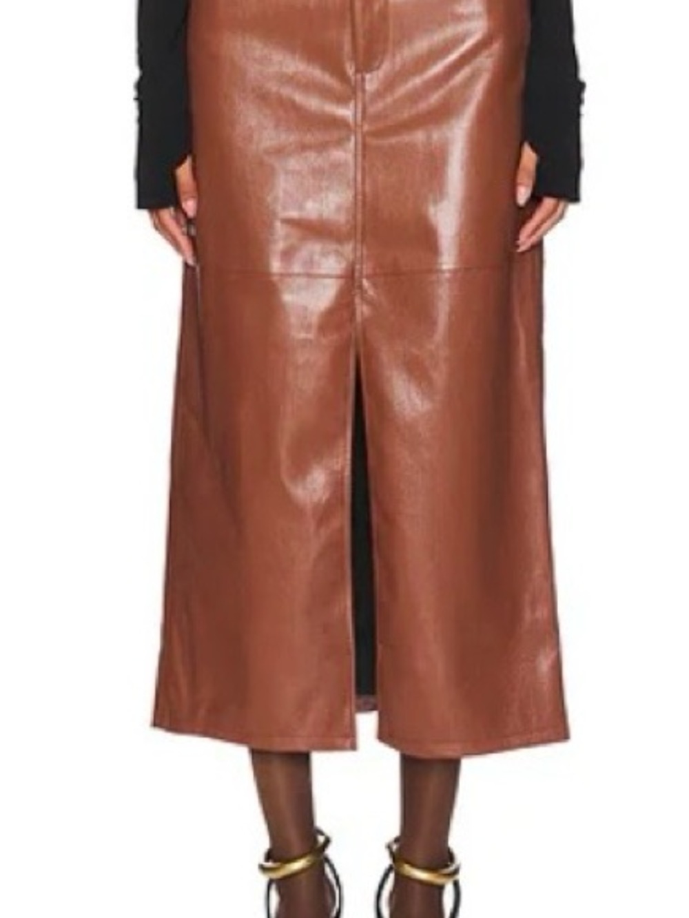 Brown Faux Leather Midi Skirt with Front Slit